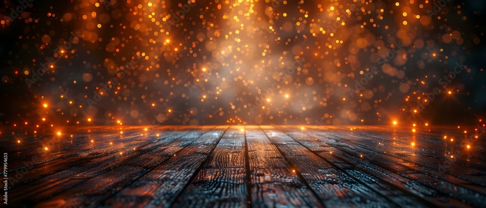 Poster golden bokeh light effect in an empty room with copy space. concept photography, bokeh effect, golde