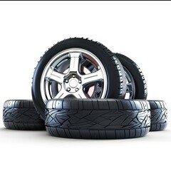 Car tires with a great profile and shiny chrome alloy wheels on isolated PNG Background. Set of summer or winter tyres in front of white fond. 