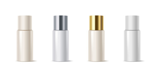 Mockup cosmetic products bottles with plastic caps realistic vector illustration set. Cosmetics packages 3d objects on white background