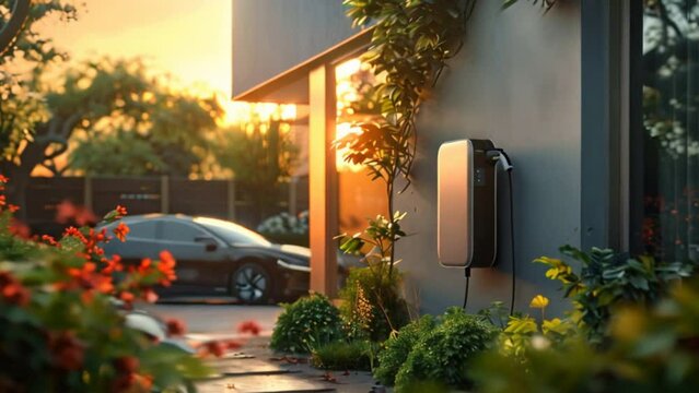 A home charging station for electric vehicles Green and clean energy from electric vehicles Sustainable energy technology from renewable sources	