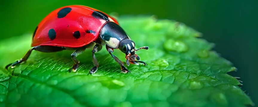 Vivid details of a ladybug on a leaf, macro shot,