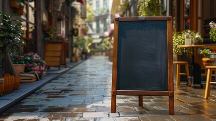 Blank chalkboard sign on sidewalk outside cafe, .in front of restaurant, menu A-frame without text