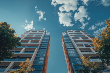 looking up view of two tall buildings with trees and blue sky