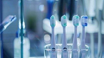 Modern dental care: Closeup of electric toothbrushes in glass holder indoors, combining functionality and style for optimal oral hygiene. Space for text - obrazy, fototapety, plakaty