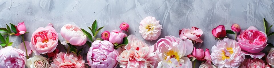 Peony and roses on textured surface. Flat lay, top view. Beautiful pink flowers.