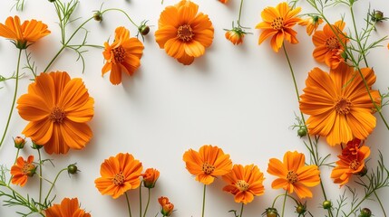 Orange floral frame on white background, large space for text in the center