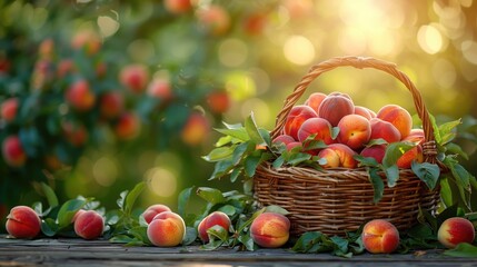 Peach fruit in wooden basket on wooden table in garden, Fresh peach on blurred greenery background, empty space for text
