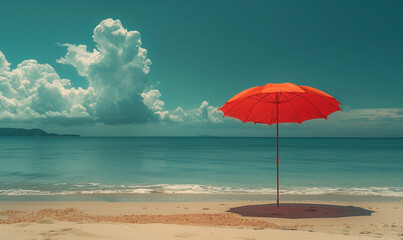a beach with an red umbrella and the ocean in the background.