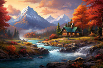 An HD-captured image presenting a realistic depiction of a breathtaking painting that showcases a majestic mountain range, a cozy cabin, and a tranquil stream, all adorned with the vibrant hues of aut - obrazy, fototapety, plakaty
