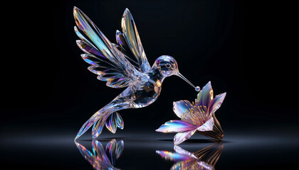 Obraz na płótnie Canvas An elegant image of a crystal hummingbird in mid-flight, its body and wings formed from transparent, iridescent glass that reflects a spectrum