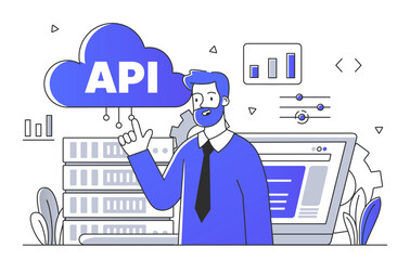 Man with Api server simple. IT specialist and ptogrammer at workplace. Technical support and system administrator with servers. Doodle flat vector illustration isolated on white background - obrazy, fototapety, plakaty