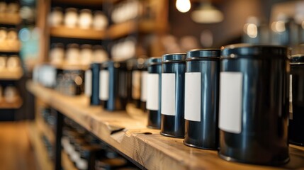 A row of black metal tea can boxes with blank white labels sit on a wooden shelf. - obrazy, fototapety, plakaty