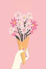 Delightful daisies in cone in a hand, playful floral treat on a pink background illustration