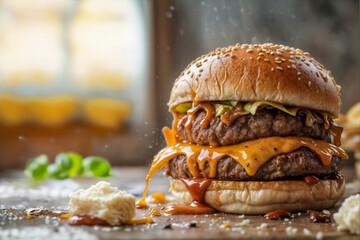 Bontà Gourmet- Hamburger Schiacciato con Formaggio Fuso e Salsa Barbecue II - Powered by Adobe