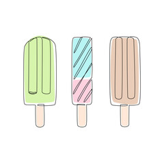 Abstract colorful ice cream continuous one line drawing set isolated on white background.