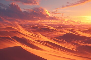 An endless desert landscape with sand dunes and the sun setting in the background. 