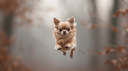 A small dog is flying through the air in a blurry photo, AI
