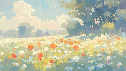 An impressionist painting of wildflowers in a meadow, including red poppies and white daisies, with a misty background  - obrazy, fototapety, plakaty