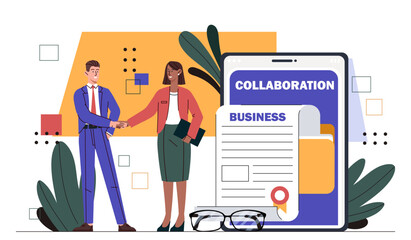 Business consolidation concept. Man and woman shaking hands. Business deal and agreement. Collaboration and cooperation, teamwork and partnership. Cartoon flat vector illustration