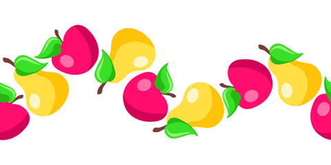 Seamless border. Fruit motif of red apples and yellow pears on white background. Vector illustration for fabric, wallpaper, print.