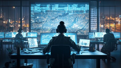 Cinematic shot of the interior view from behind a woman police officer sitting at her desk in front of multiple computer screens displaying maps and data, surrounded by other officers working 