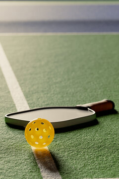 Pickleball racket and ball at dusk on the court. Bokeh blur 3d rendering