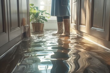 Close up of man standing in living room with water and rising from floor - obrazy, fototapety, plakaty