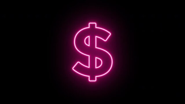 Neon dollar icon animation, slow blink. Glowing neon dollar sign, looped slow flashing animation. Money cash, digital currency market, USD, bank business, finance. Pink, red, purple colors