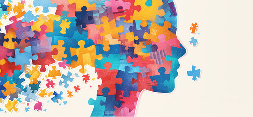 Colorful puzzle pieces forming the outline of an adult head, representing mental health awareness and support
