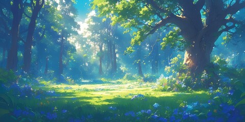 Fototapeta na wymiar concept art of an anime forest with tall trees and blue flowers, a grassy field in the center