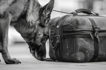 Picture of a German shepherd dog examining a piece of luggage.