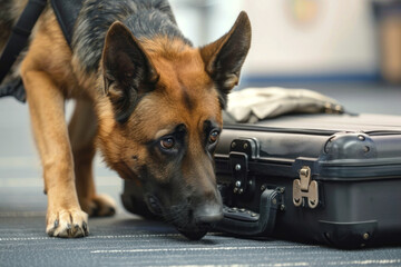 Picture of a German shepherd dog examining a piece of luggage.