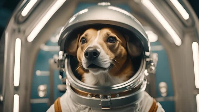 Dog cosmonaut in full space suit.