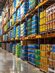 A large warehouse filled with numerous cans of paint stacked from floor to ceiling