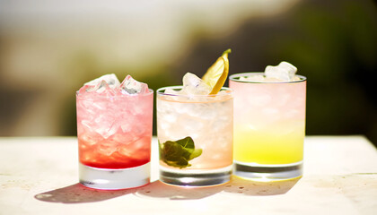 Three different cocktails in unique glasses. Each cocktail have its own color and type of ice