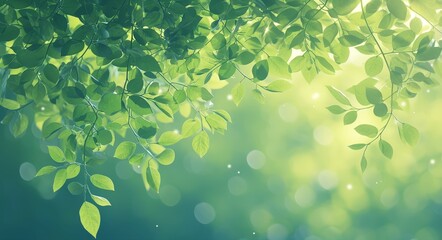 Fototapeta na wymiar Green leaves background with blurred bokeh light effect, spring and summer nature concept banner 