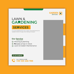 Lawn or gardening service social media post and web banner template. Lawn care or gardening landscaping service bundle Instagram post