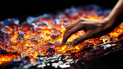 Artistic Hand Touches Vibrant Textured Surface Resembling Liquid Fire – Intimate Sensory Experience - obrazy, fototapety, plakaty