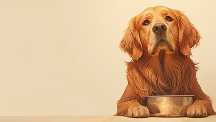 Happy Golden Retriever sitting in front of a dog food bowl - obrazy, fototapety, plakaty
