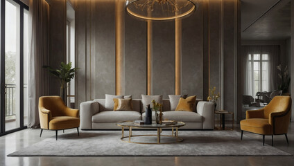 Elegant living space with honey walls, light gray furniture, and a polished microcement background, exuding luxury and refinement. Honey Elegance - obrazy, fototapety, plakaty
