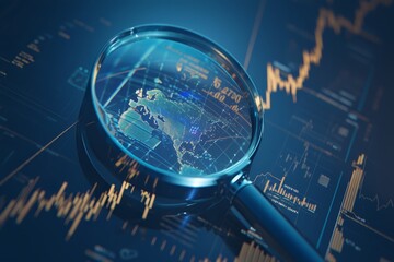 magnifying glass over trading chart on digital background, business concept of stock market or financial data analysis and shopping online 