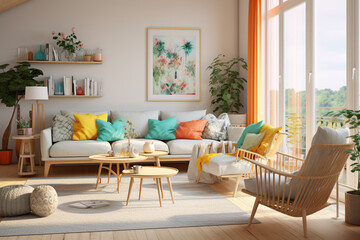 An inviting and cozy Scandinavian-inspired living room, characterized by bright colors, clean aesthetics, and a sense of tranquility, captured in HD.