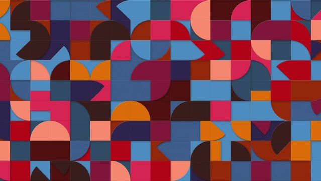 Geometric pattern loop. Circles, squares animation. Modernist abstract background. Bauhaus Design style. Blue, red, pink, orange, brown.