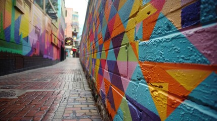 An intricate geometric mural embellishing an urban alley, showcasing modern street art at its finest.