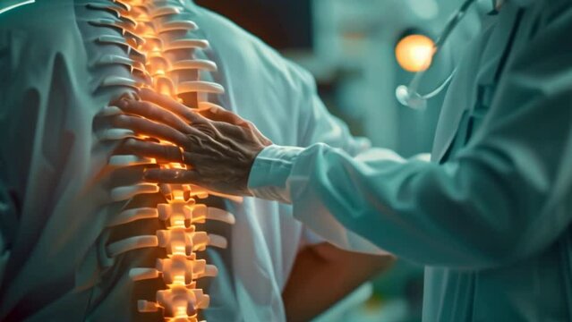 A male doctor examining the spine of a male patient with back pain and spondylitis. Male patient during spinal examination by a physical therapist.