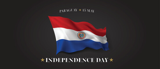Paraguay independence day vector banner, greeting card. Paraguayan wavy flag in 15th of May patriotic holiday horizontal design with realistic flag