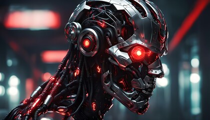 Fototapeta premium Cyborg robot with red neon lights. 3d rendering toned image