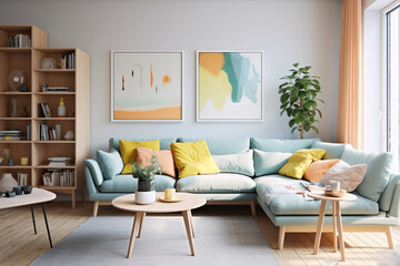 An inviting HD-captured image of a Scandinavian-inspired living room, showcasing bright colors, clean lines, and a sense of effortless elegance.