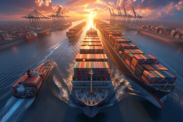 On the sea, cargo ships carry containers and goods across continents.  - obrazy, fototapety, plakaty