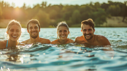 Millennial people having fun swimming in lake during summer vacation - Young friends enjoy sunny day outdoor - Models by AI generative